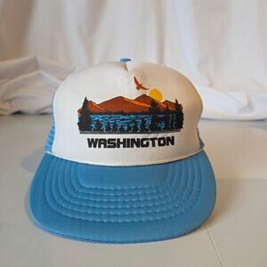 Vintage Washington State Souvenir Trucker Hat Deadstock Tagged Blue Mesh Cap